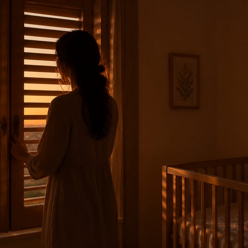 Η σιλουέτα της Ελένης μπροστά σε παράθυρο με παντζούρια το σούρουπο