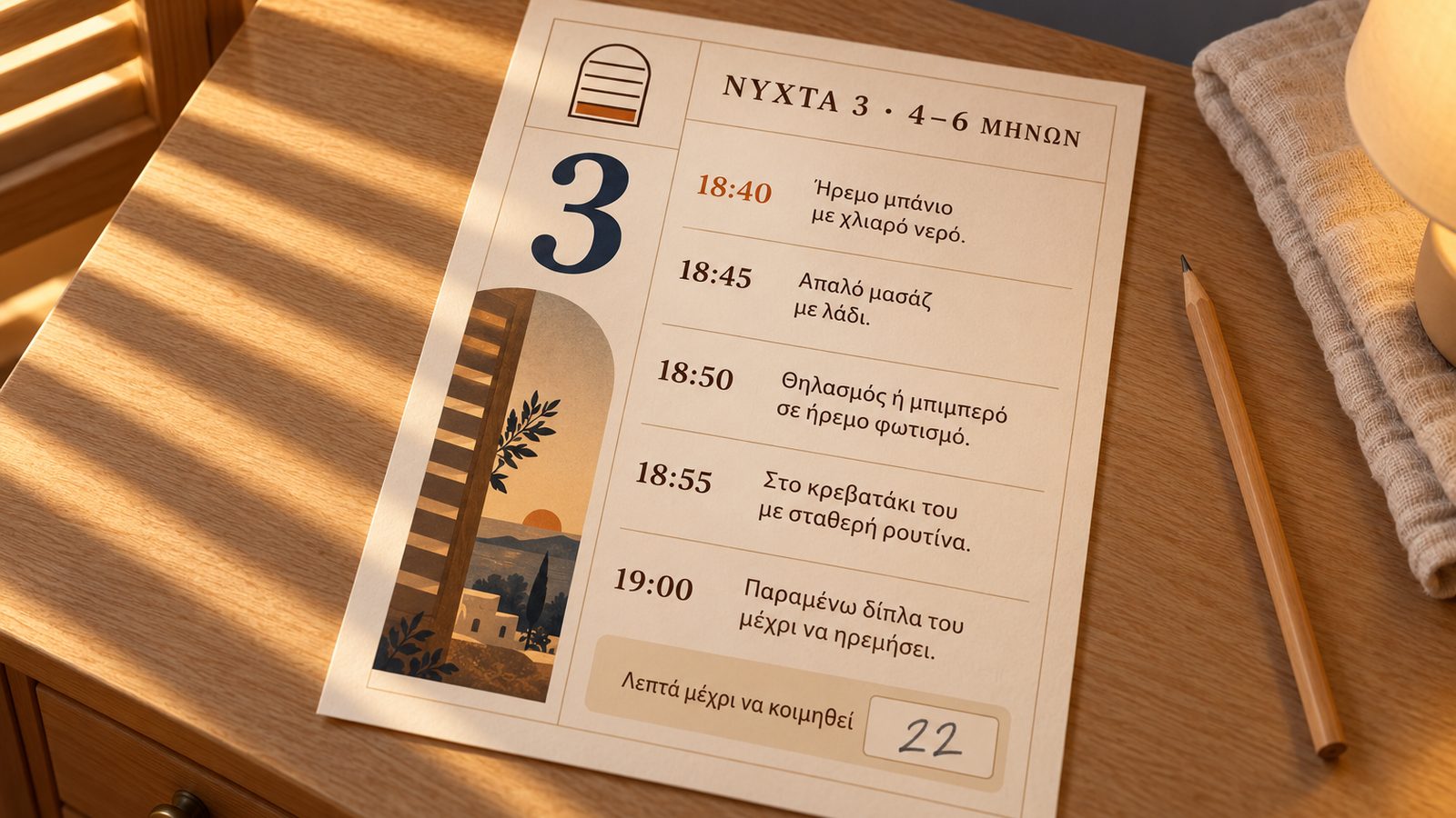 Μια καρτέλα νύχτας του πλάνου: 5 βήματα με τις ώρες και το κουτάκι για τα λεπτά μέχρι να κοιμηθεί